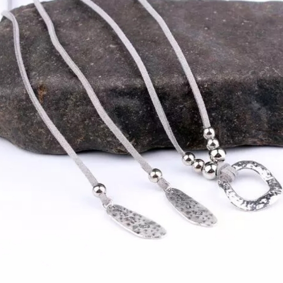 Boho Western Long Choker Necklace Hammered Gray - Picture 7 of 8